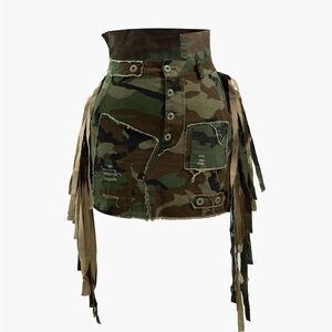 Camo Fringe Utility Mini Skirt with Button Front